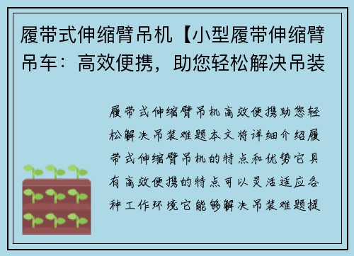 履带式伸缩臂吊机【小型履带伸缩臂吊车：高效便携，助您轻松解决吊装难题】